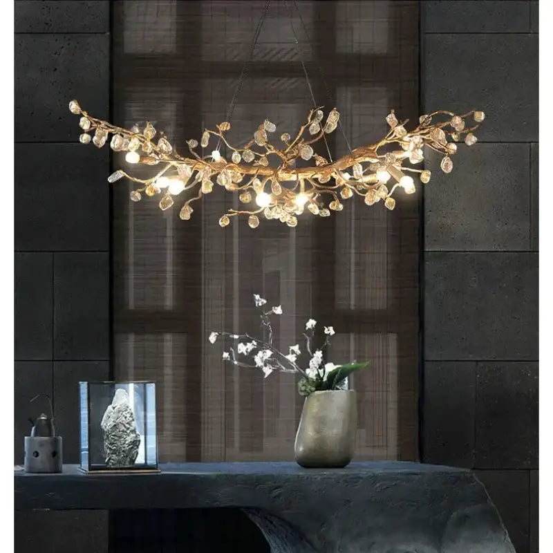 Golden crystal branch ceiling chandelier with clear crystal droplets and embedded lights for dining room decorbites crystal branch