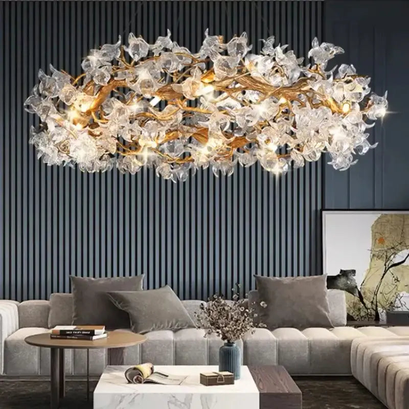 Luxurious golden crystal branch ceiling chandelier with translucent flower-like glass elements for dining room decorbites crystal branch