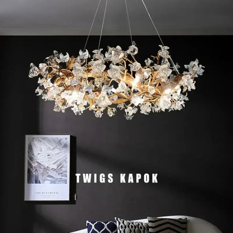Golden crystal branch ceiling chandelier in gold tone with clear crystal blossoms for dining room decorbites crystal branch