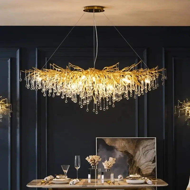 Golden crystal branch chandelier led living room ceiling light with crystal droplets for elegant decorbites crystal branch design