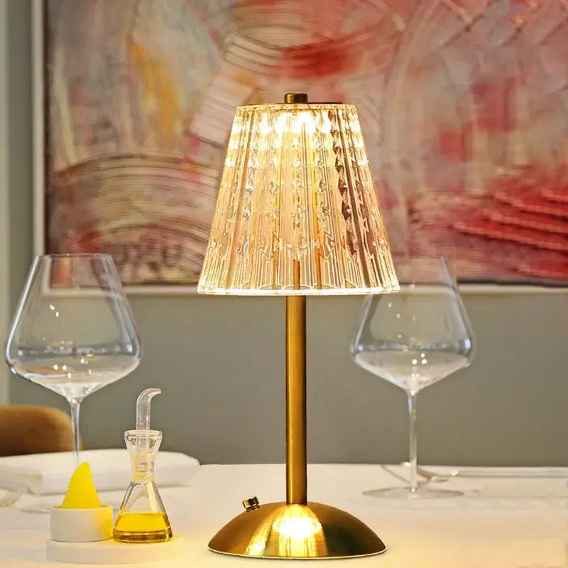 Golden crystal diamond touch sensor table lamp with faceted translucent glass shade for bedroom use