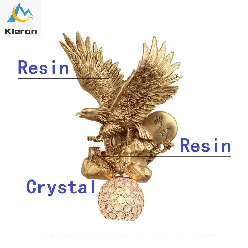 Golden crystal eagle wall lamp featuring a golden resin eagle with detailed feathers perched on a miniature castle decorbites crystal eagle
