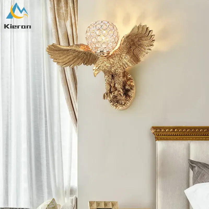 Golden crystal eagle wall lamp with crystal globe head and detailed feathered wings for living room decorbites crystal eagle