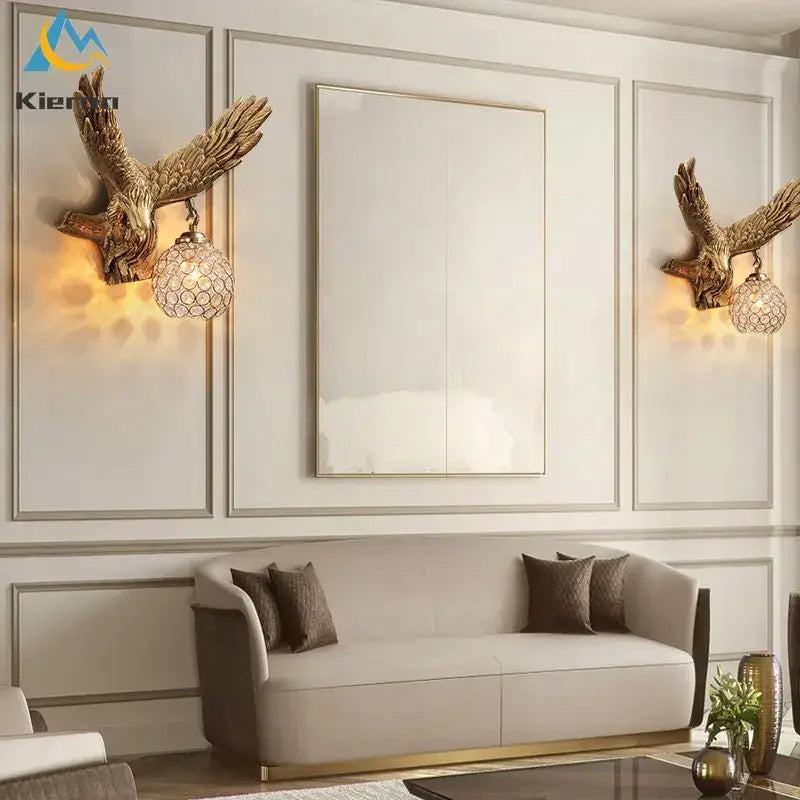 Golden crystal eagle wall lamp with intricate feather detailing and crystal globe shades for living room decorbites crystal eagle