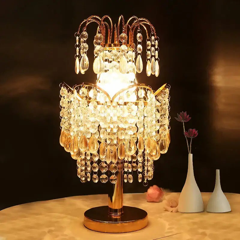 Golden crystal table lamp with cascading teardrop and round glass beads for elegant bedroom decorbites crystal table lighting