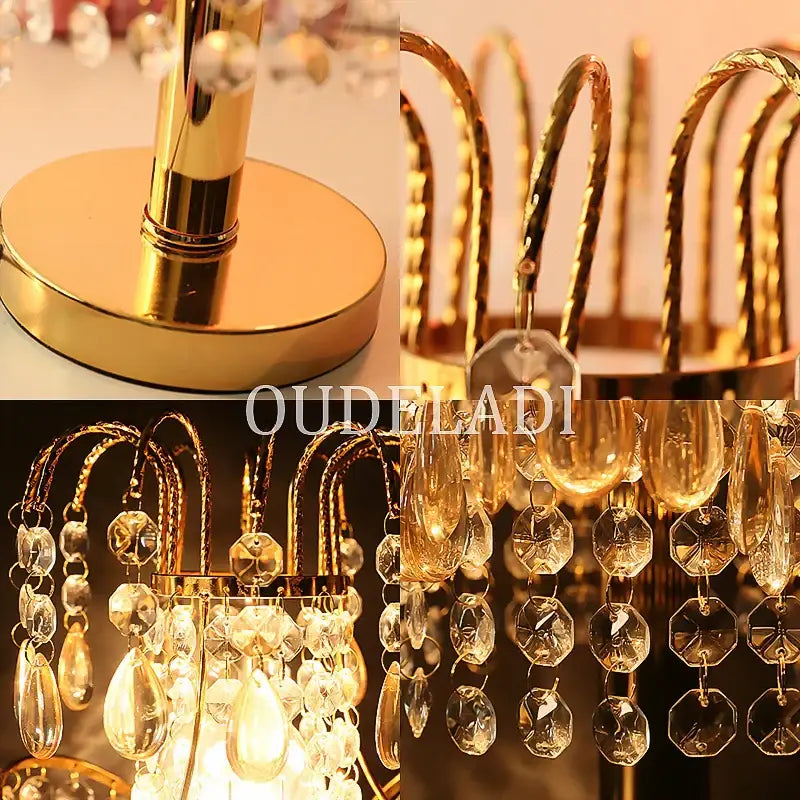 Gold-toned decorbites crystal table lamp with polished metal frame and cascading clear teardrop accents for bedroom decor