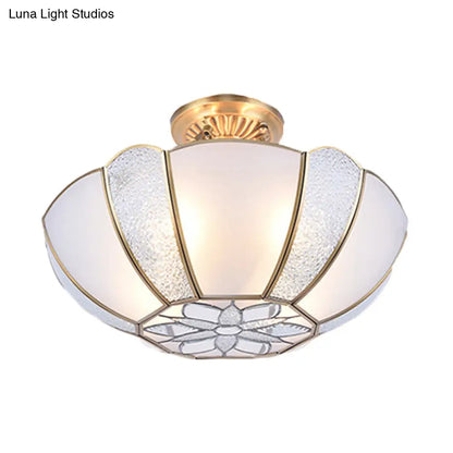 DecorBites™ DecorBites™ Golden Dome Ceiling Light: Classic Metal, 3 Lights, Semi Flush Mount with White Beveled Glass Shade