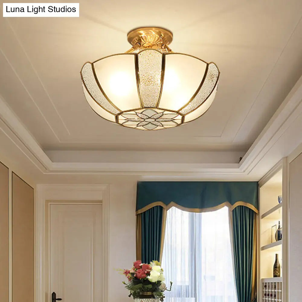 DecorBites™ DecorBites™ Golden Dome Ceiling Light: Classic Metal, 3 Lights, Semi Flush Mount with White Beveled Glass Shade