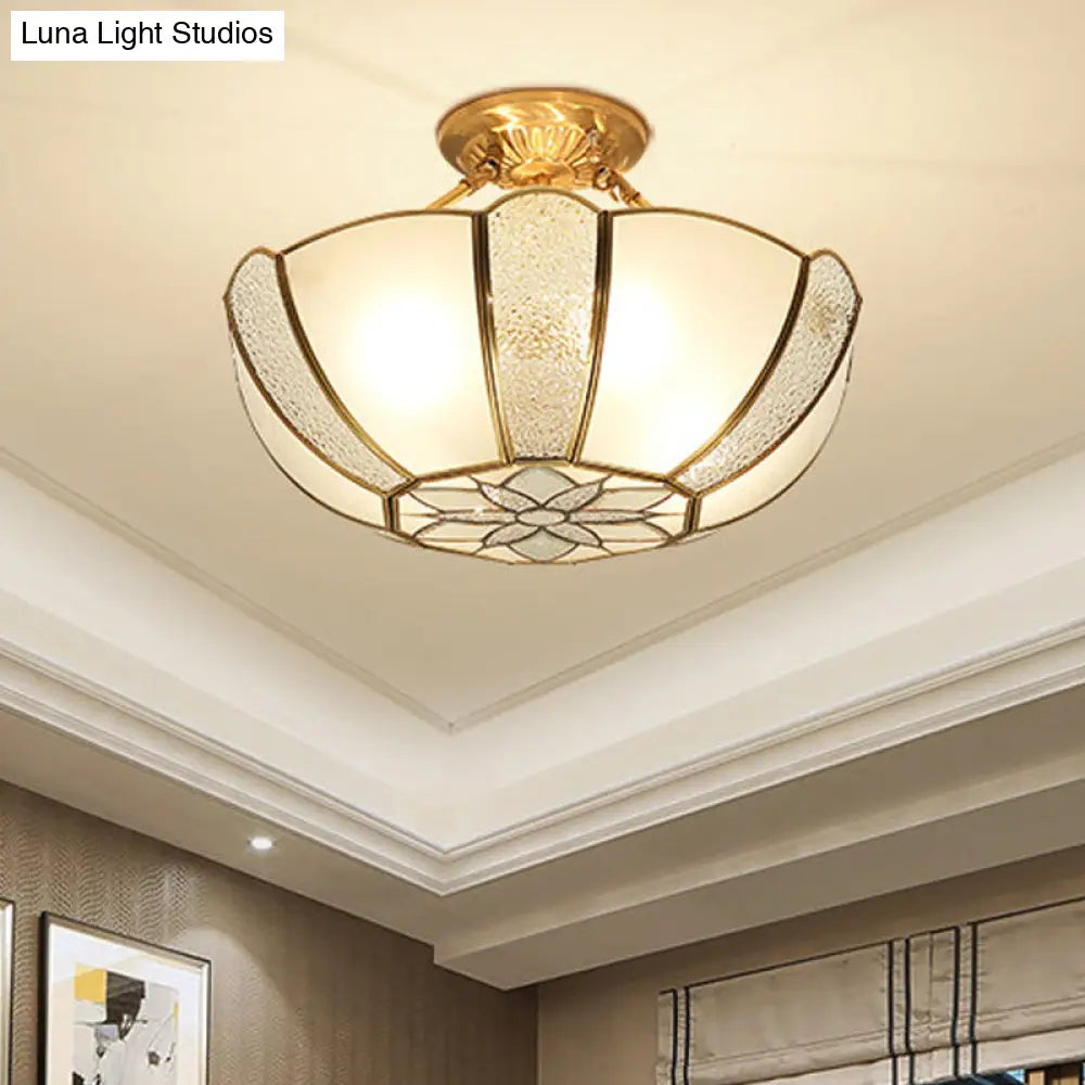 DecorBites™ DecorBites™ Golden Dome Ceiling Light: Classic Metal, 3 Lights, Semi Flush Mount with White Beveled Glass Shade