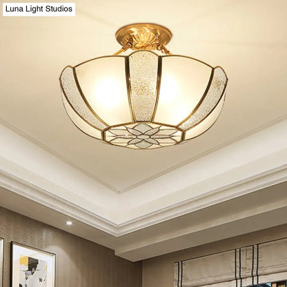 DecorBites™ DecorBites™ Golden Dome Ceiling Light: Classic Metal, 3 Lights, Semi Flush Mount with White Beveled Glass Shade