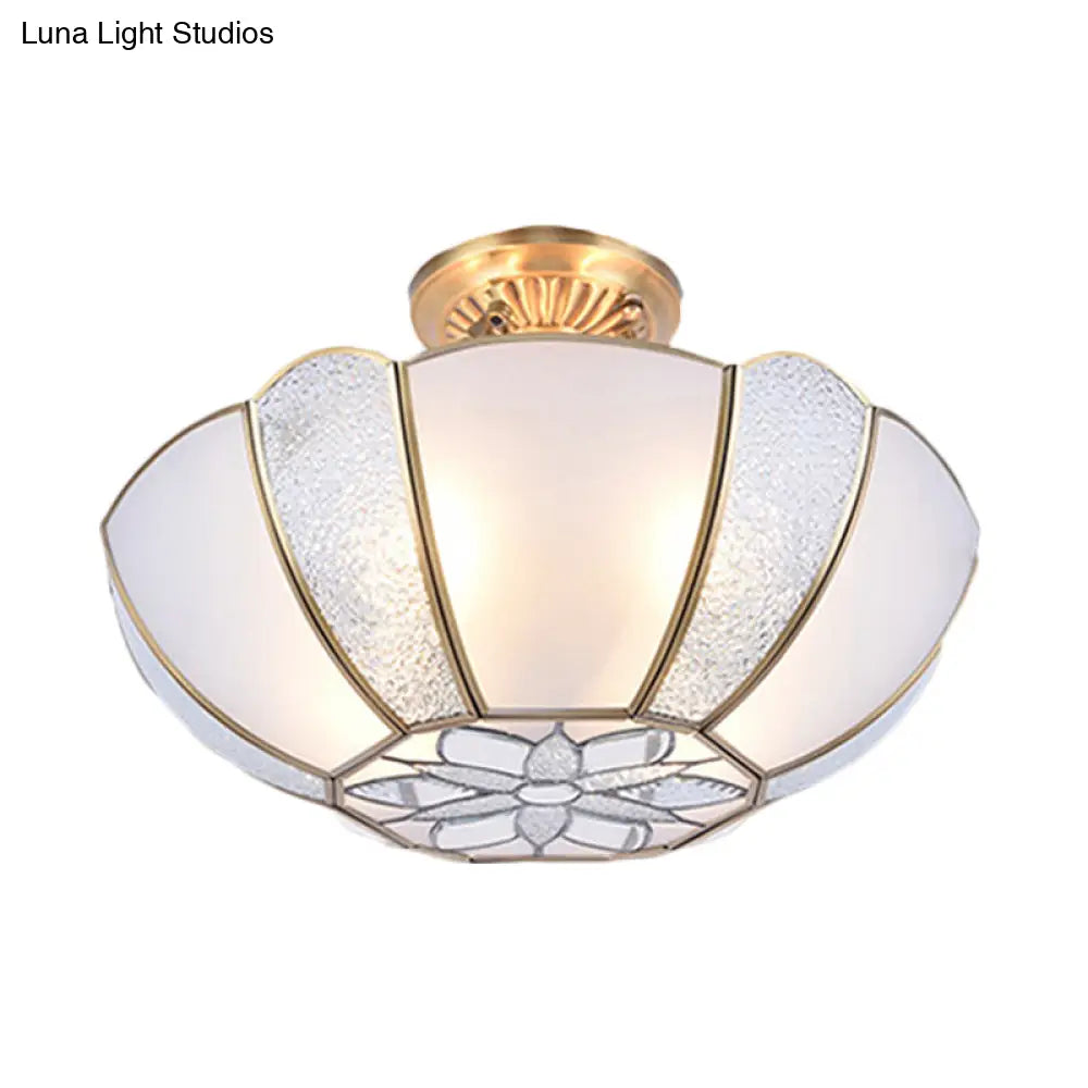 DecorBites™ DecorBites™ Golden Dome Ceiling Light: Classic Metal, 3 Lights, Semi Flush Mount with White Beveled Glass Shade