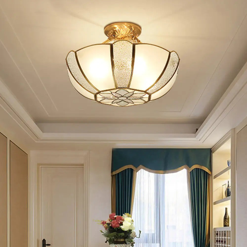 DecorBites™ DecorBites™ Golden Dome Ceiling Light: Classic Metal, 3 Lights, Semi Flush Mount with White Beveled Glass Shade