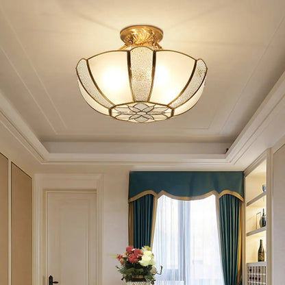DecorBites™ DecorBites™ Golden Dome Ceiling Light: Classic Metal, 3 Lights, Semi Flush Mount with White Beveled Glass Shade
