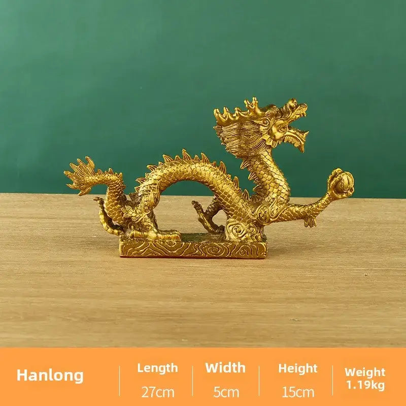 Golden hanlong dragon figurine with intricate scales crafted from metallic material for zodiac ornaments decorbites dragon phoenix decor