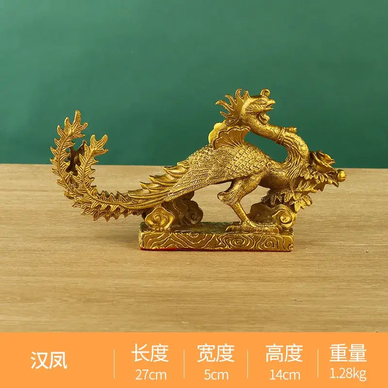Golden dragon phoenix zodiac ornament in copper with intricate feather and scale detailing for living room decorbites decor