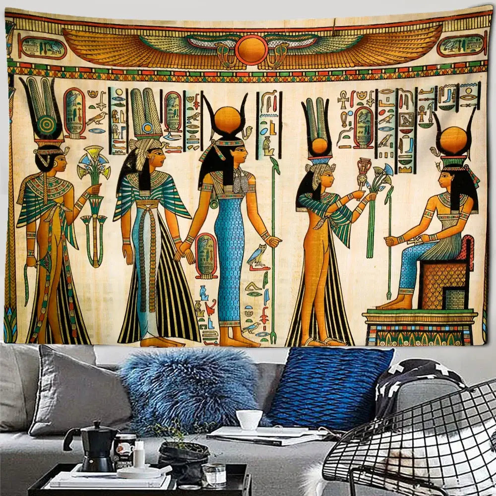 Golden egyptian pharaoh tapestry featuring vibrant blues golds and greens with hieroglyphics for bedroom wall art decor