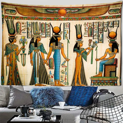 Golden egyptian pharaoh tapestry featuring vibrant blues golds and greens with hieroglyphics for bedroom wall art decor