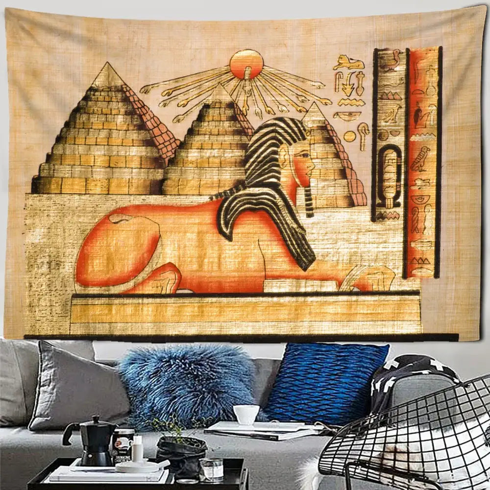 Golden egyptian pharaoh tapestry featuring a lion-headed figure with black stripes against pyramids on beige fabric wall art