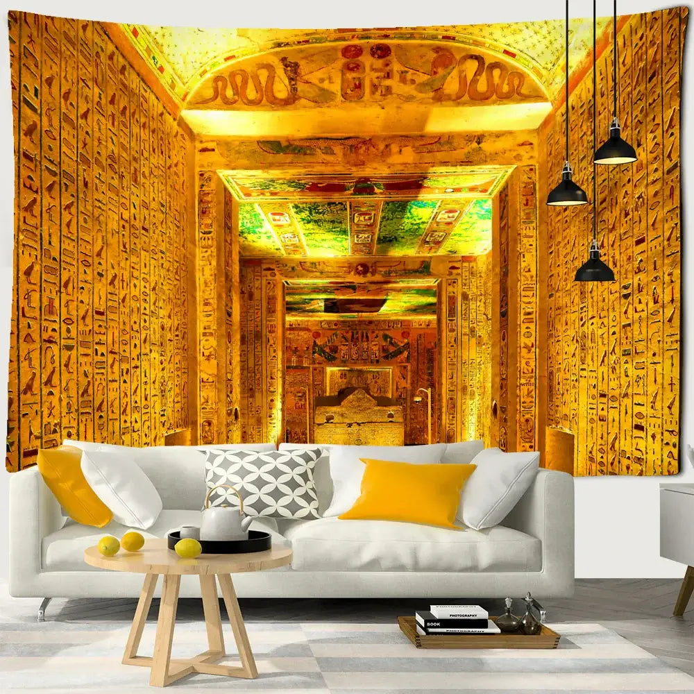 Golden egyptian pharaoh tapestry with hieroglyphic design hanging above white sofa for bedroom decor