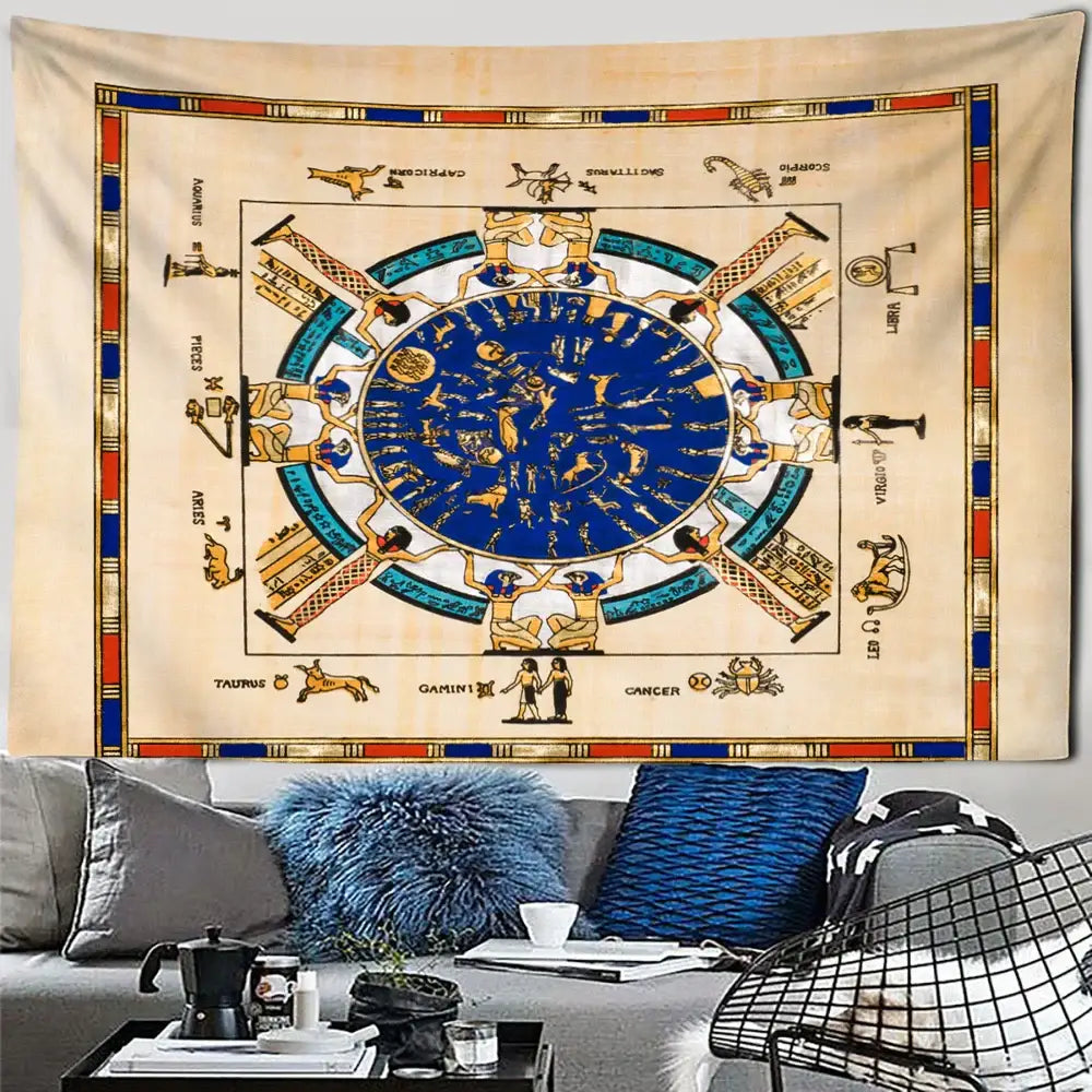 Beige egyptian pharaoh tapestry featuring an intricate zodiac design with a blue center and gold framed in red and gold