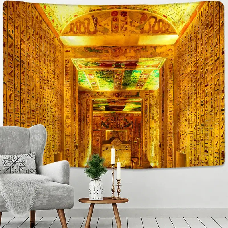 Golden egyptian pharaoh tapestry with intricate hieroglyphic temple corridor design for bedroom wall art decor