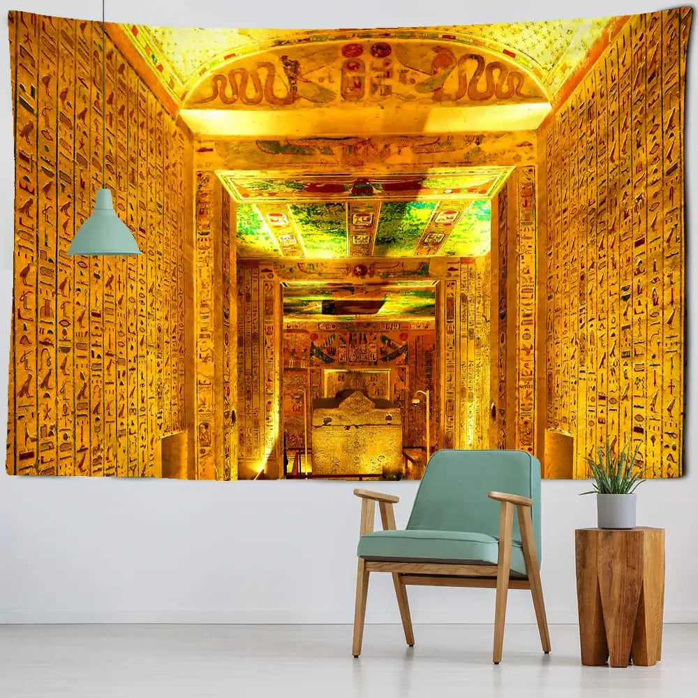 Golden egyptian pharaoh tapestry with hieroglyphics and illuminated ceiling details for bedroom decor wall art