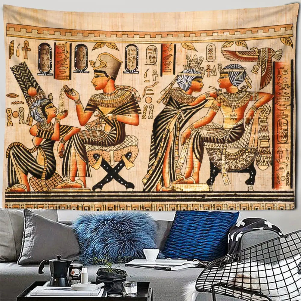 Golden egyptian pharaoh tapestry with intricate hieroglyphics on beige fabric for wall art bedroom decor