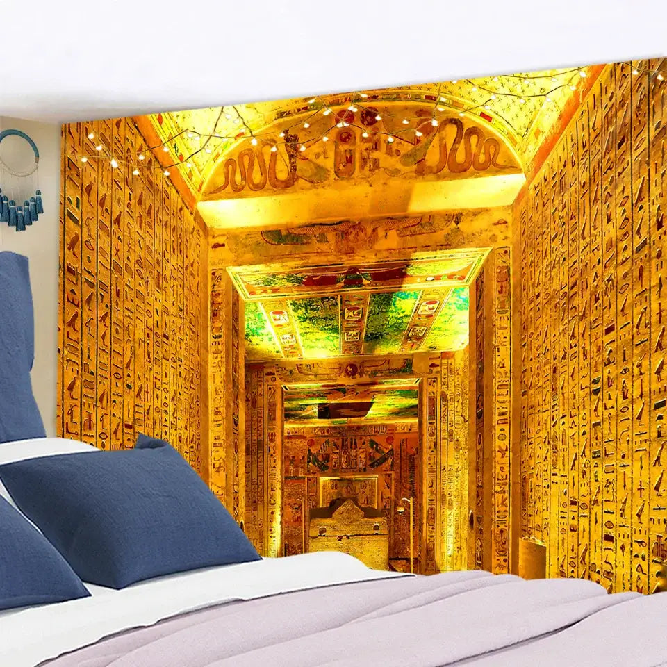 Golden egyptian pharaoh tapestry with hieroglyphics and illuminated archways for wall art bedroom decor