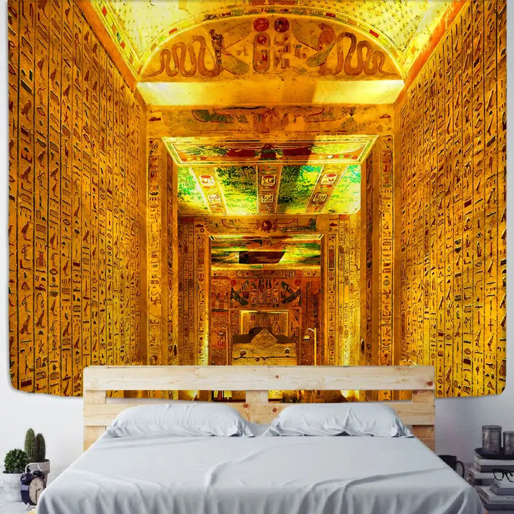 Golden egyptian pharaoh tapestry featuring hieroglyphics and ornate ceiling designs for bedroom decor wall art