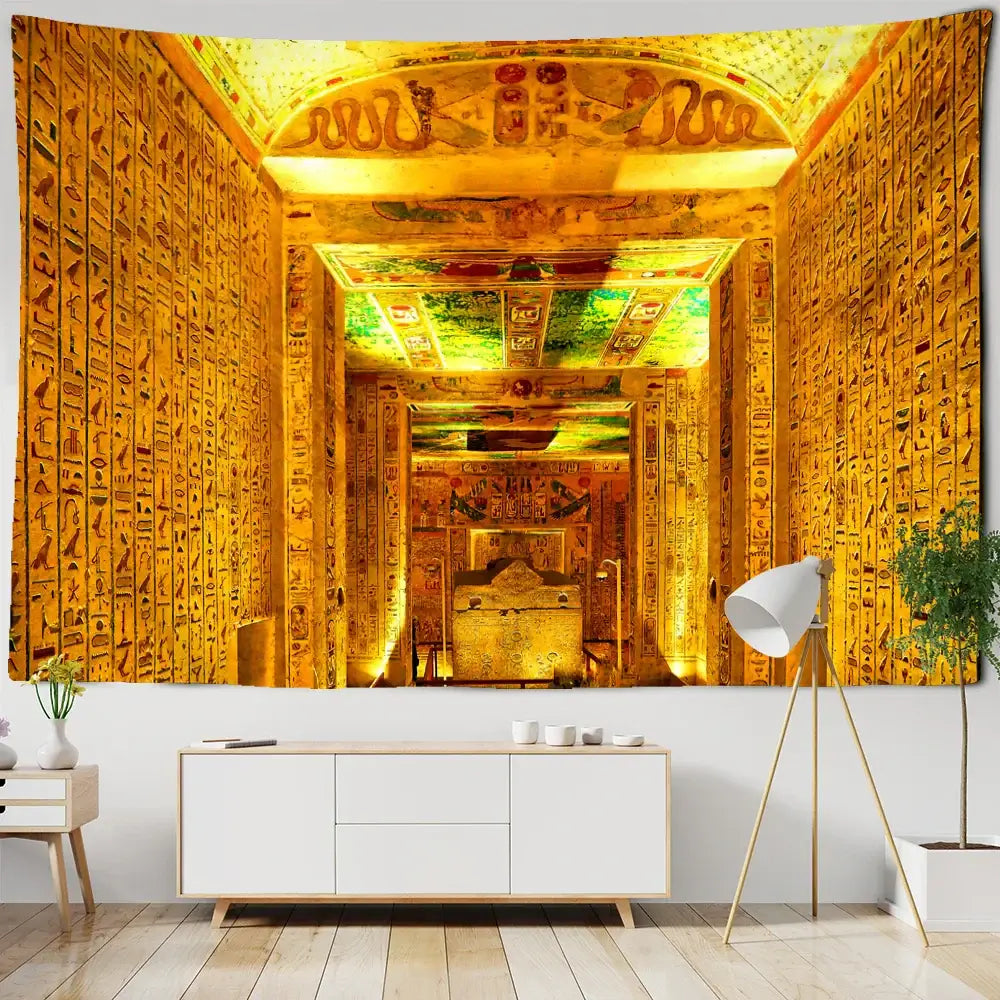 Golden egyptian pharaoh tapestry with hieroglyphics and illuminated ceiling details for bedroom decor wall art