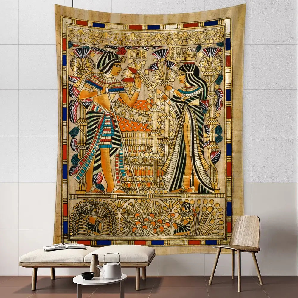 Golden egyptian pharaoh tapestry with intricate gold orange black and blue patterns depicting ancient ceremonial figures for bedroom decor