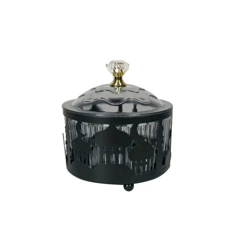 Black metal eid mubarak metal snack tray with ornate mosque cut-outs and clear crystal knob lid for dining room use
