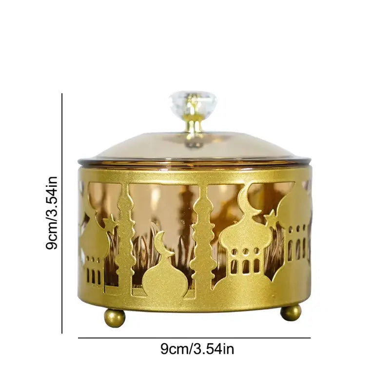Golden eid mubarak metal snack tray with intricate islamic cutouts and clear crystal knob lid dining room bowl