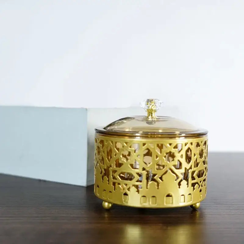 Golden eid mubarak metal snack tray with ornate geometric cutouts and clear glass lid with crystal knob dining bowl