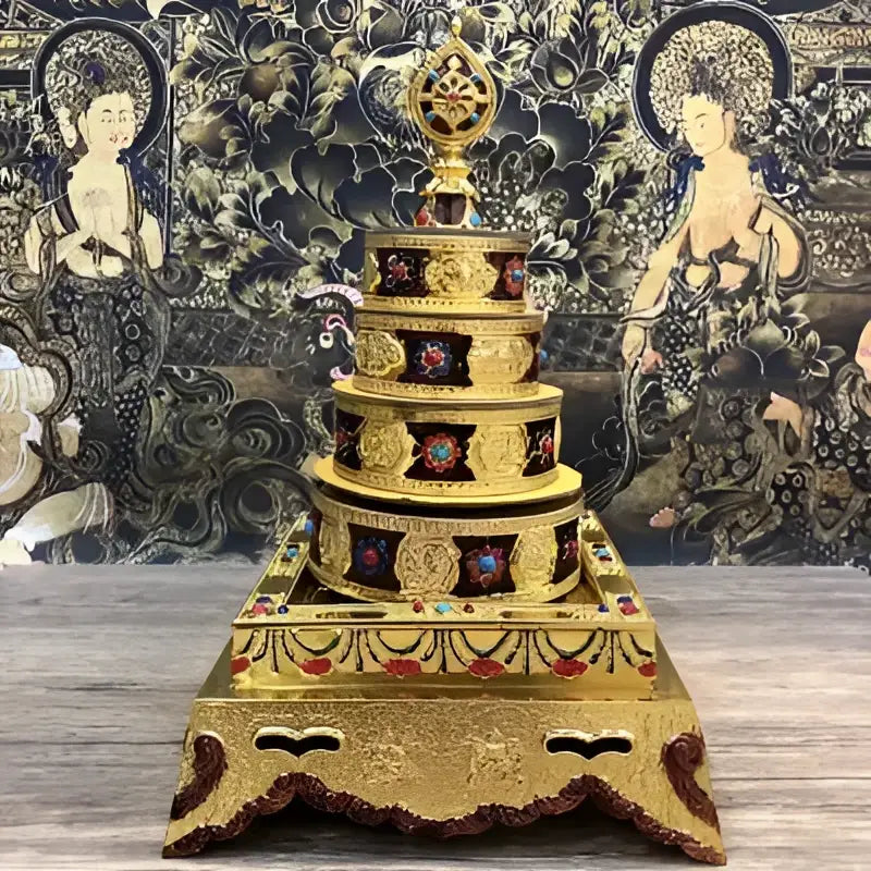Golden tibetan buddhist stupa alloy plates with intricate carvings and embedded gemstones for eight auspicious buddha meditation