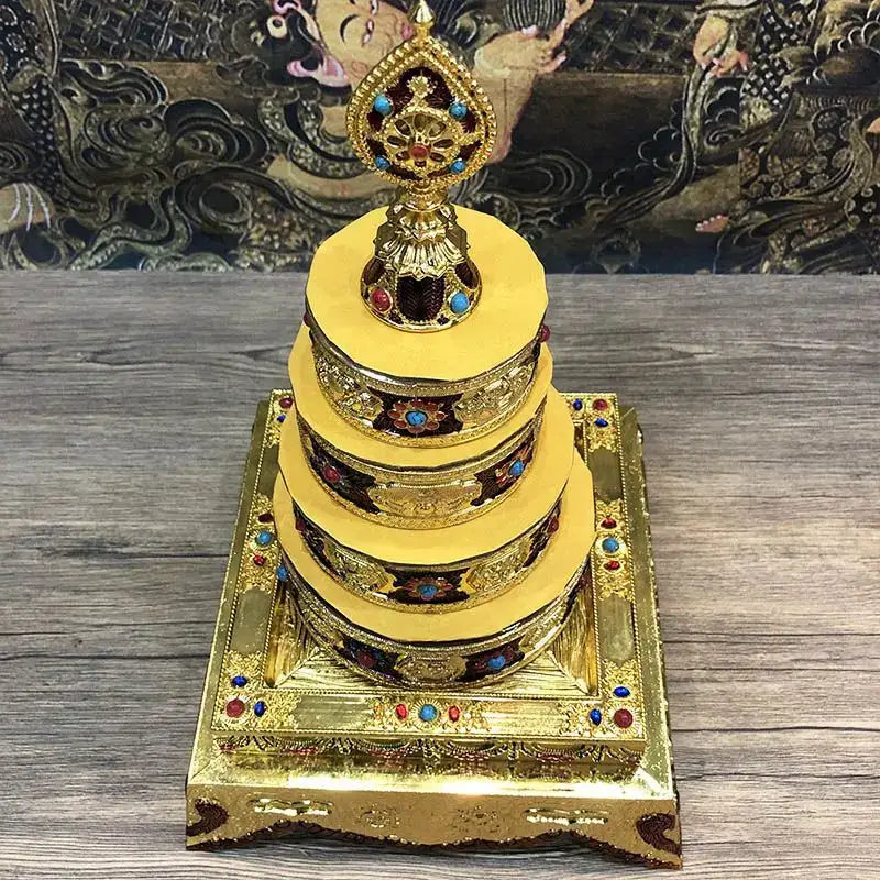 Golden eight auspicious buddha alloy plate with intricate engravings and gemstone inlays for temple meditation