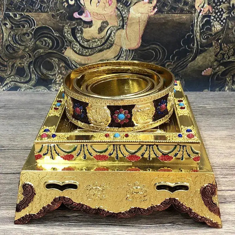 Golden eight auspicious buddha alloy plates with embossed patterns and gemstone inlays for temple meditation