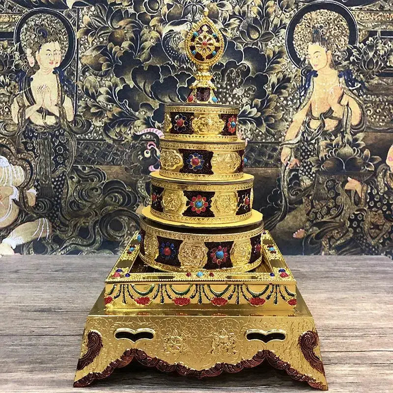 Golden multi-tiered buddhist stupa with intricate engravings and gemstone inlays for eight auspicious buddha alloy plates