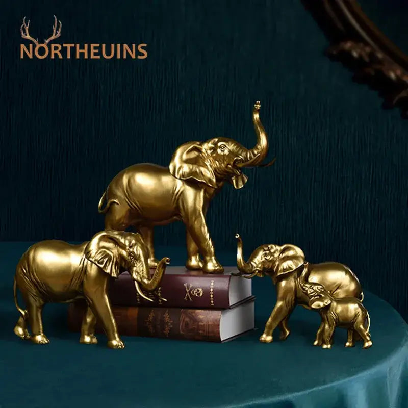 Golden family elephant resin figurine with detailed textures and polished surfaces for living room lucky decorbites elephant decor