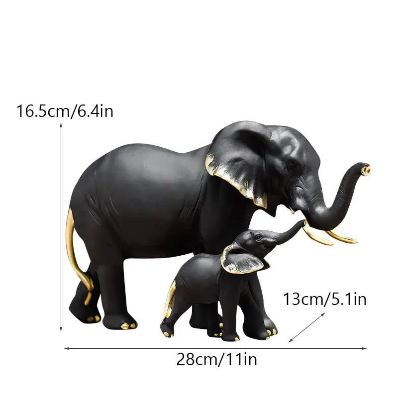 Black and gold decorbites elephant resin figurine set featuring mother and calf with glossy finish for living room decor