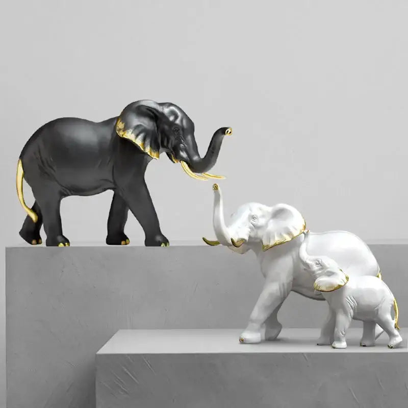 Black and white ceramic elephant resin figurines with gold-trimmed ears tusks and tails decorbites elephant resin decor