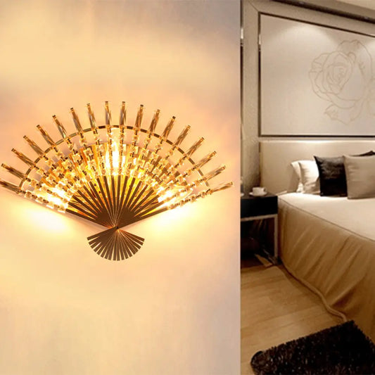 DecorBites™ Golden Fan Sconce Lamp: Vintage Style with 3 Lights, Clear Crystal Decoration
