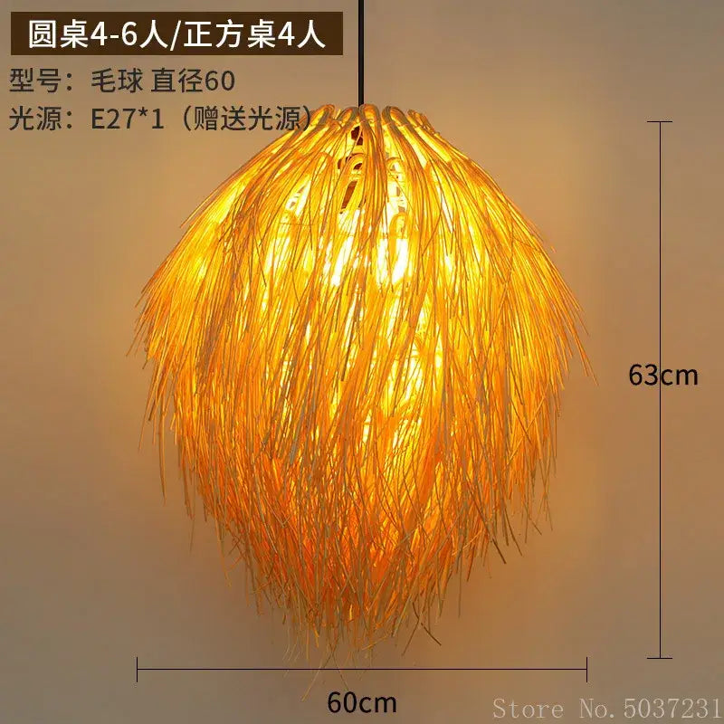 Warm golden-hued spherical bamboo weave pendant lamp crafted from natural straw for bedroom lighting