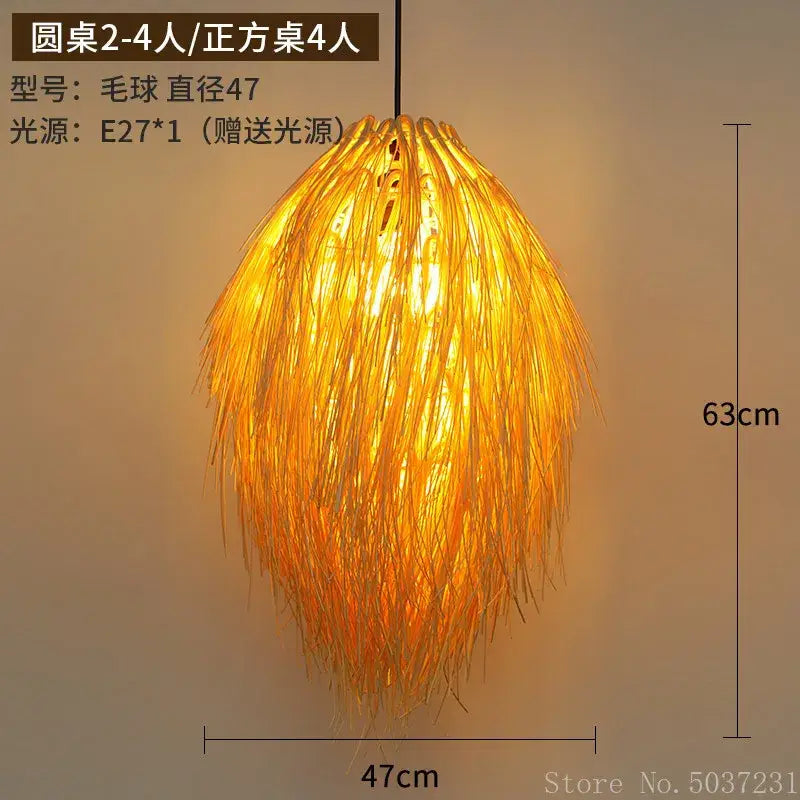 Golden feathery bamboo weave pendant lamp in warm golden hue crafted from natural straw fibers for bedroom lighting