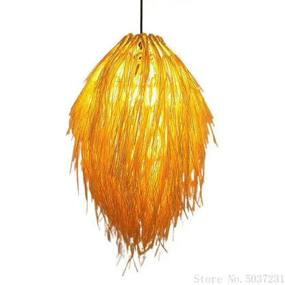Golden feathery bamboo weave pendant lamp with woven natural fibers designed as a bamboo weave pendant for bedroom