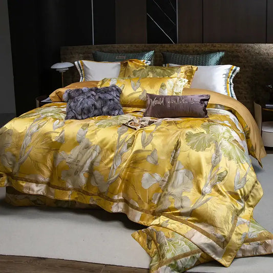 Golden satin jacquard bedding set with delicate cream and green floral pattern accented by gold trim for bedroom decorbites jacquard bedding