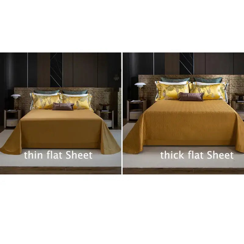 Golden satin flat sheet with subtle textured weave and matching embroidered pillowcases in a decorbites jacquard bedding set