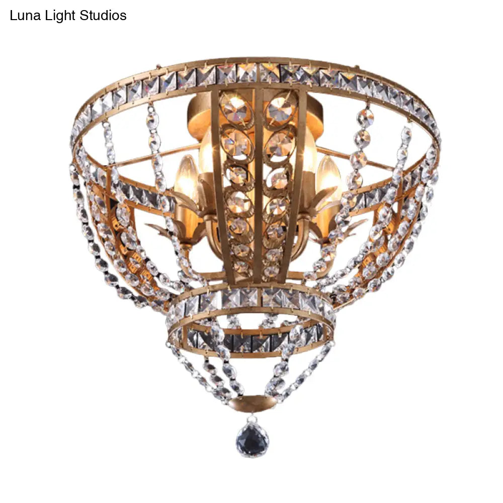 DecorBites™ DecorBites™ Golden Flushmount Light with 5 Crystal Swag Heads - Farmhouse Bowl Frame Ceiling Fixture