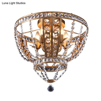 DecorBites™ DecorBites™ Golden Flushmount Light with 5 Crystal Swag Heads - Farmhouse Bowl Frame Ceiling Fixture