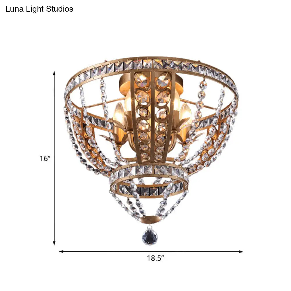 DecorBites™ DecorBites™ Golden Flushmount Light with 5 Crystal Swag Heads - Farmhouse Bowl Frame Ceiling Fixture